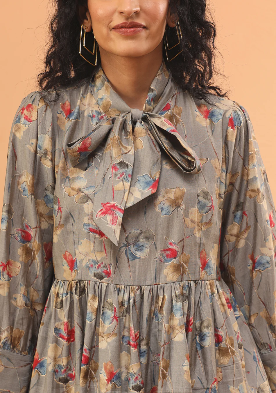 Grey Floral Print Muslin Peplum Top With Bell-Bottom - Image 8