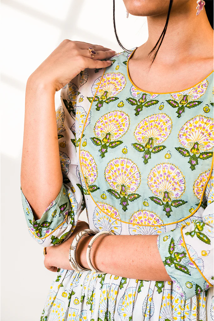 Hand-Block Printed Green Peafowl Inspired Kurta - Image 3