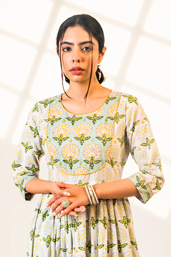 Hand-Block Printed Green Peafowl Inspired Kurta - Image 4