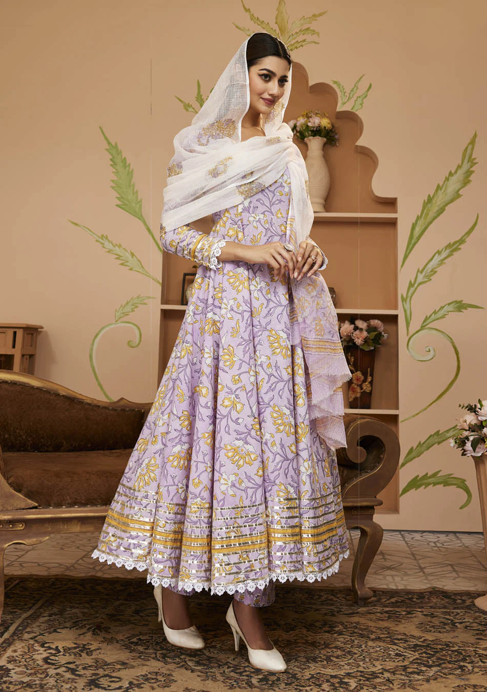 Handblock Printed Purple Anarkali Cotton Kurta With Trousers & Dupatta - Image 2