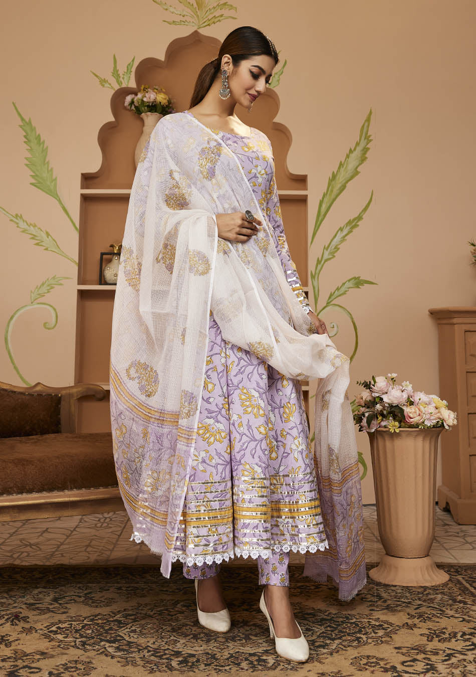 Handblock Printed Purple Anarkali Cotton Kurta With Trousers & Dupatta - Image 3