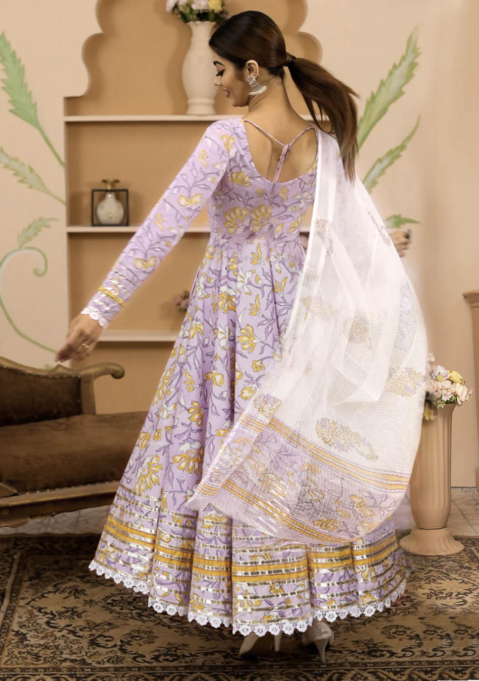 Handblock Printed Purple Anarkali Cotton Kurta With Trousers & Dupatta - Image 4