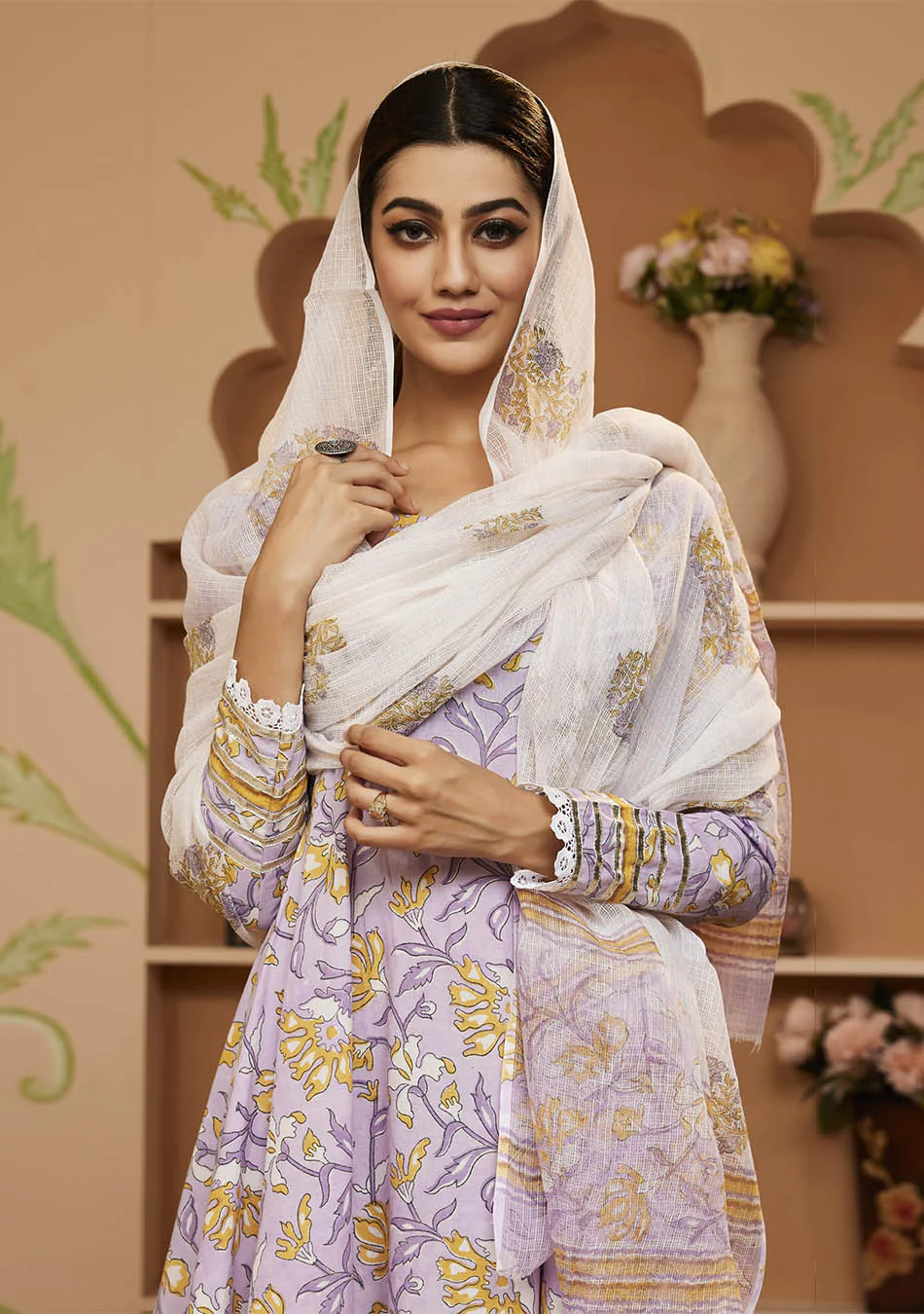 Handblock Printed Purple Anarkali Cotton Kurta With Trousers & Dupatta - Image 5
