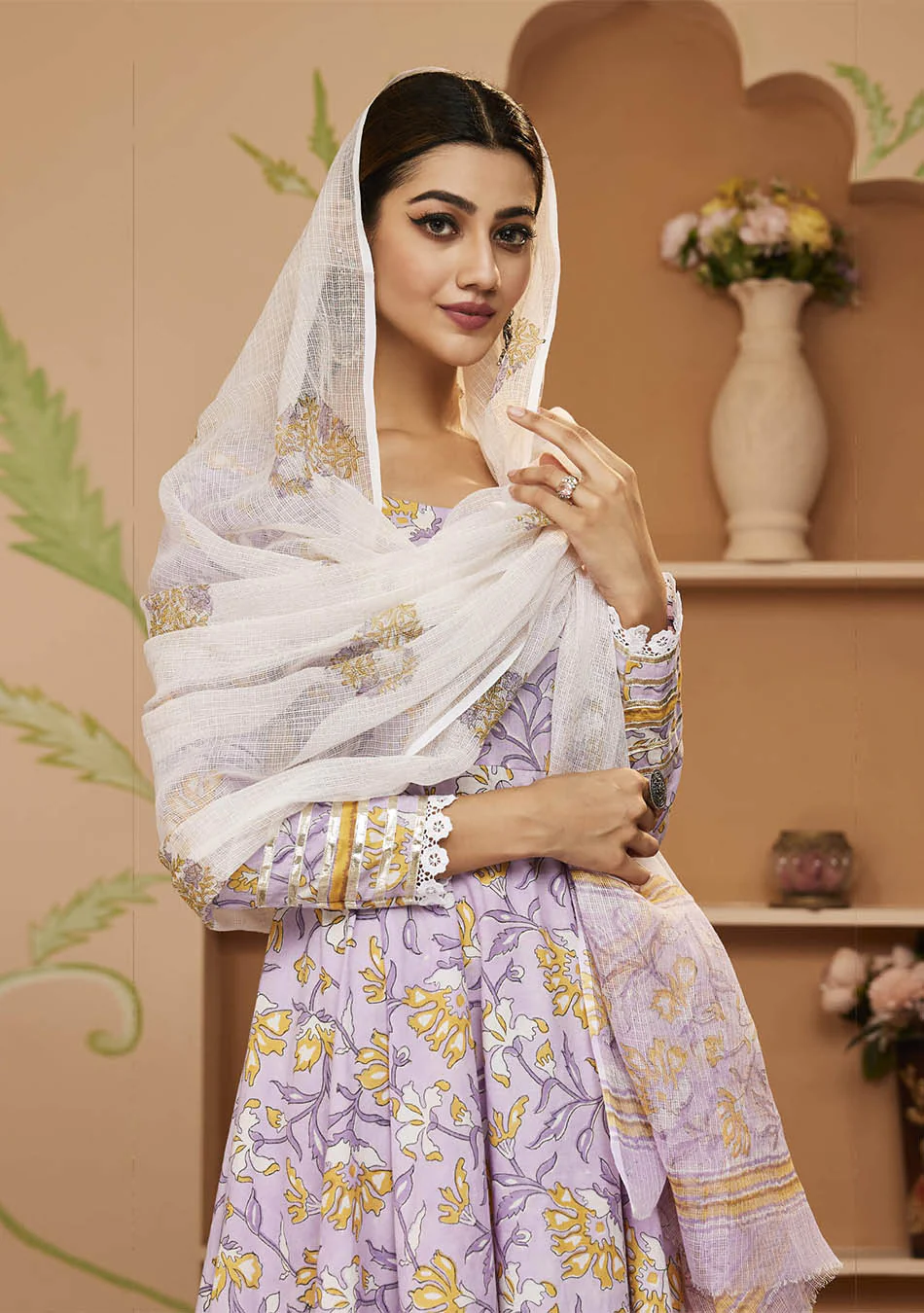 Handblock Printed Purple Anarkali Cotton Kurta With Trousers & Dupatta - Image 6