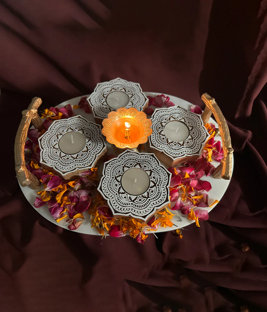 Handcrafted Flower Shape Wooden Diya - Set of 4 - Image 10
