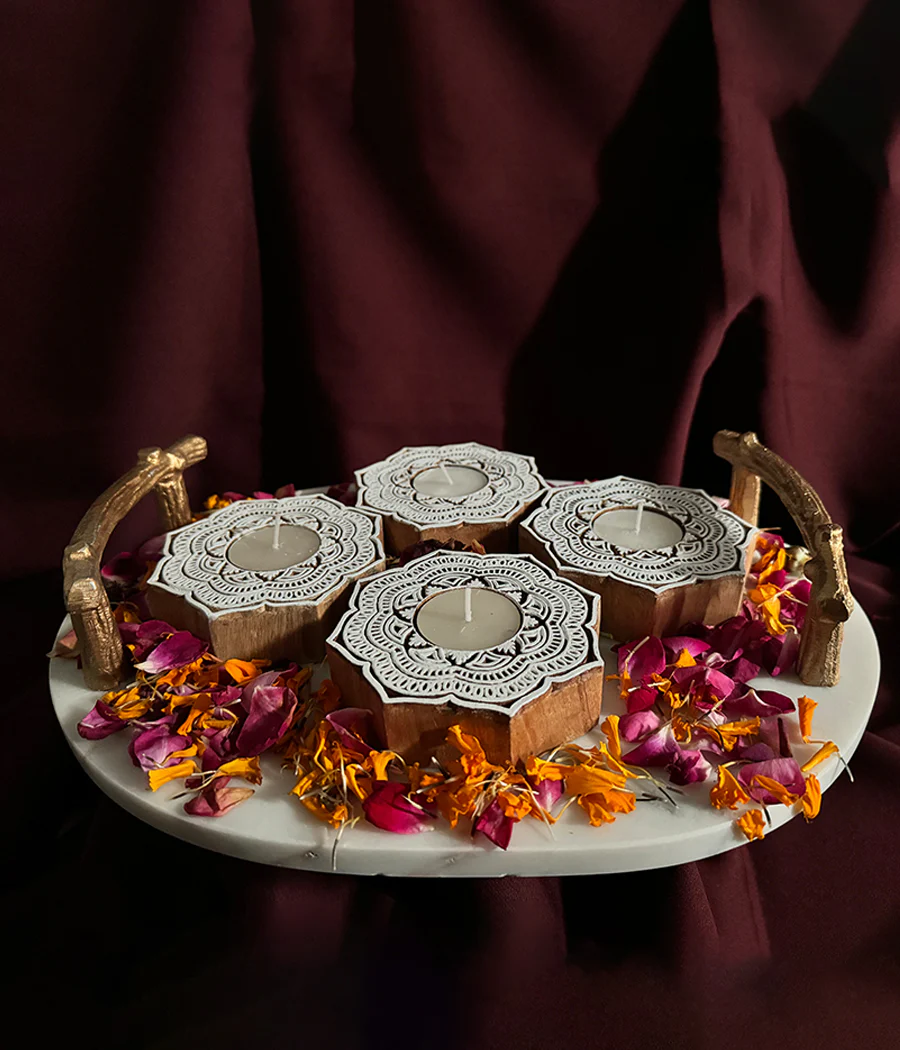 Handcrafted Flower Shape Wooden Diya - Set of 4 - Image 11