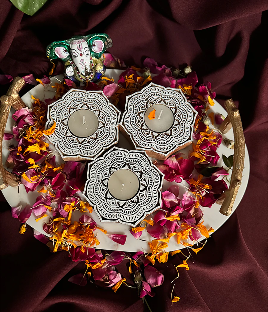 Handcrafted Flower Shape Wooden Diya - Set of 4 - Image 13
