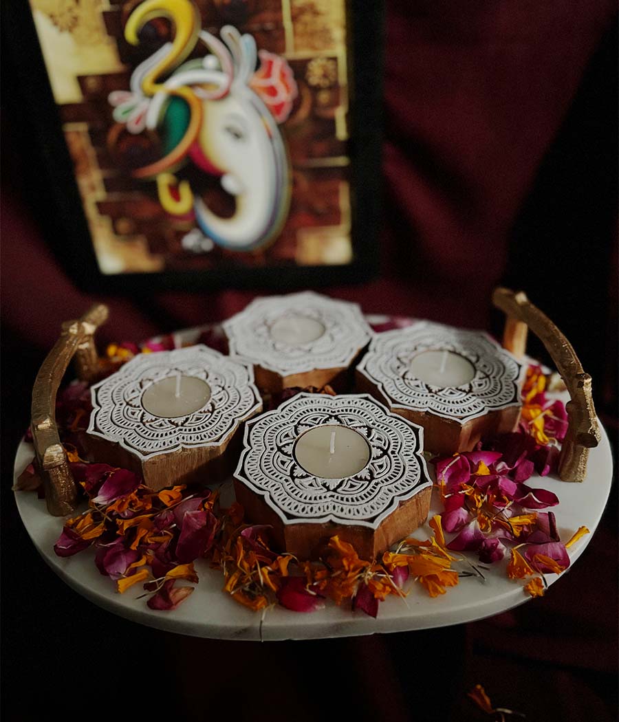 Handcrafted Flower Shape Wooden Diya - Set of 4 - Image 14