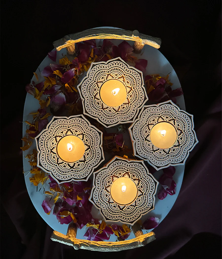Handcrafted Flower Shape Wooden Diya - Set of 4 - Image 16