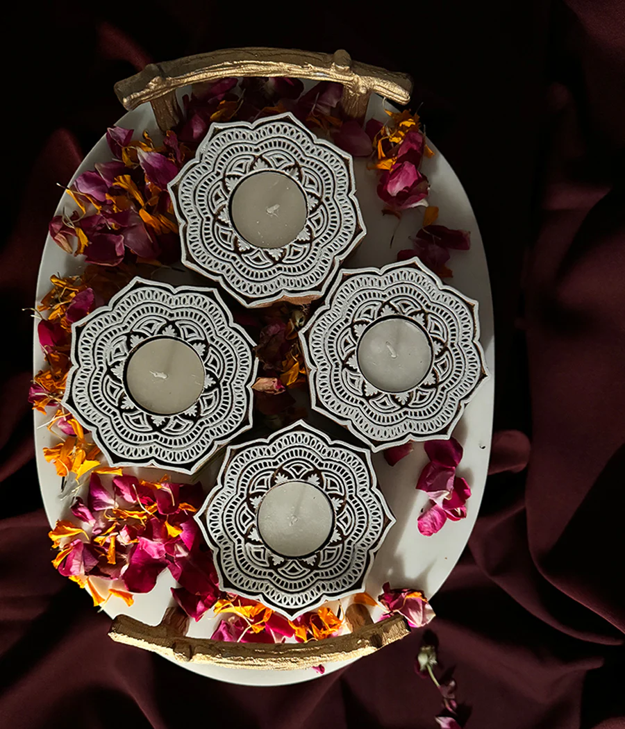 Handcrafted Flower Shape Wooden Diya - Set of 4 - Image 17