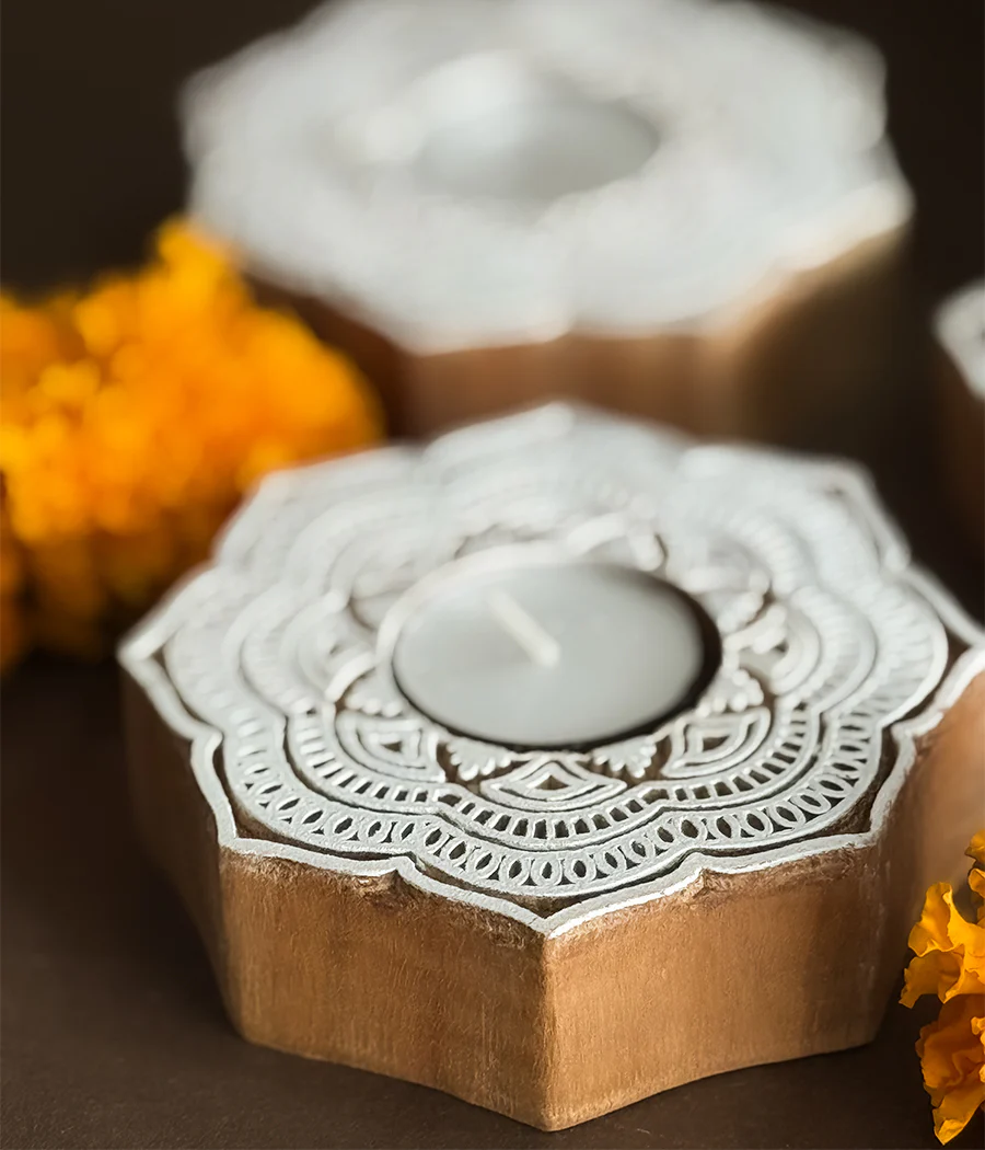 Handcrafted Flower Shape Wooden Diya - Set of 4 - Image 3