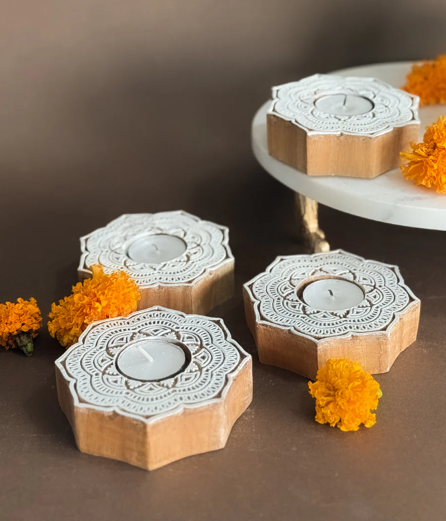 Handcrafted Flower Shape Wooden Diya - Set of 4 - Image 4