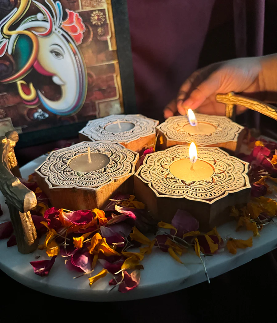 Handcrafted Flower Shape Wooden Diya - Set of 4 - Image 6