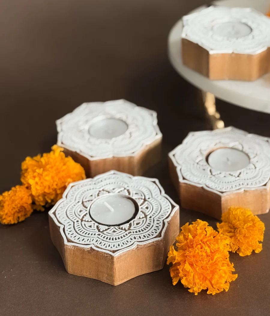 Handcrafted Flower Shape Wooden Diya - Set of 4 - Image 7