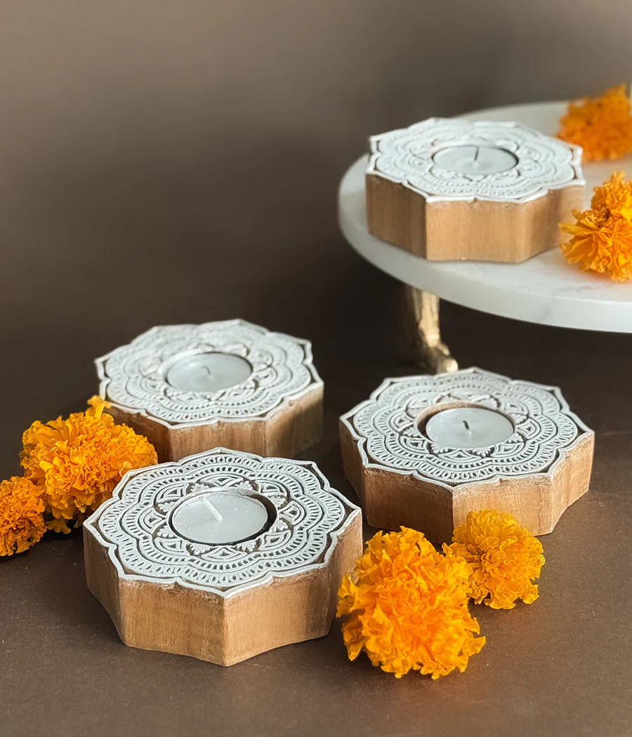 Handcrafted Flower Shape Wooden Diya - Set of 4 - Image 8