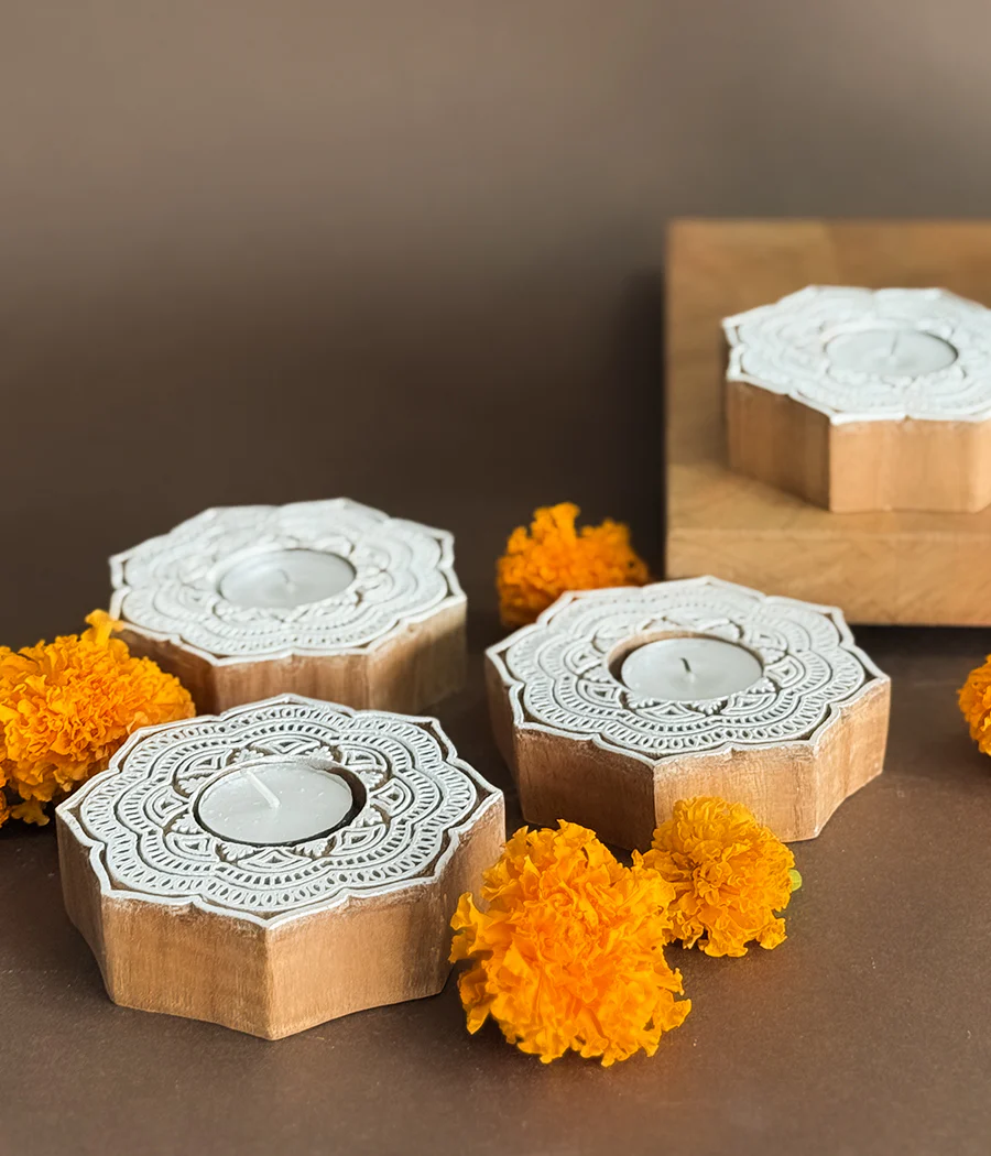 Handcrafted Flower Shape Wooden Diya - Set of 4 - Image 9
