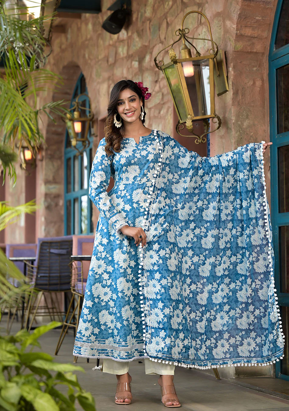 Floral Blue Anarkali Suit with Dupatta - Image 3