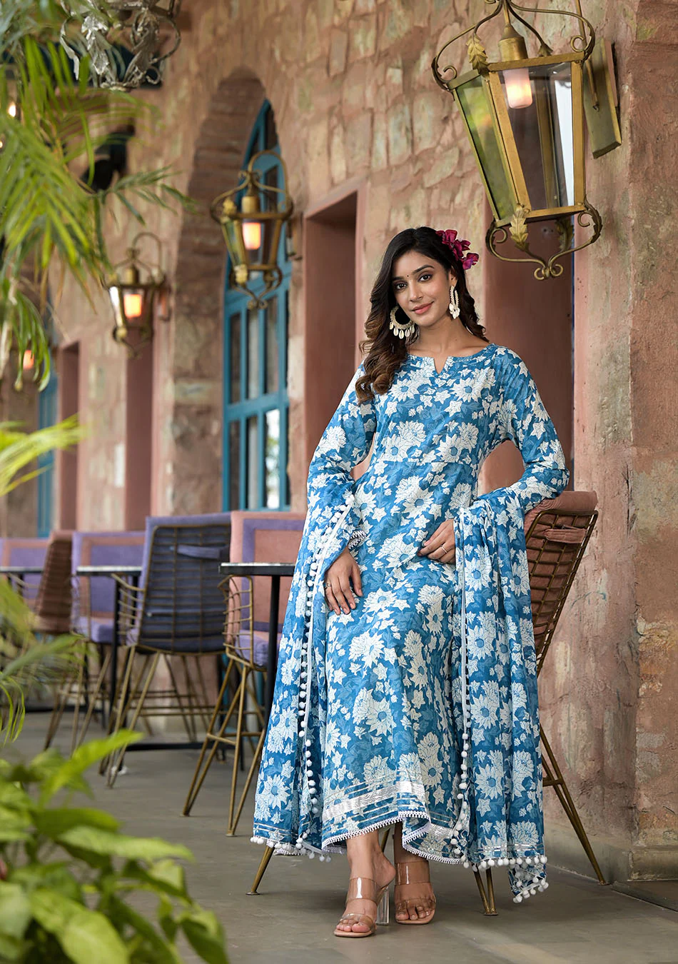Floral Blue Anarkali Suit with Dupatta - Image 4