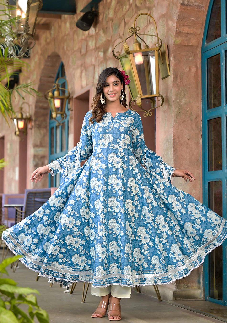Floral Blue Anarkali Suit with Dupatta - Image 5