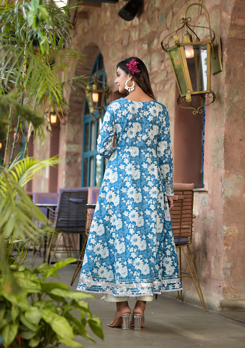 Floral Blue Anarkali Suit with Dupatta - Image 6