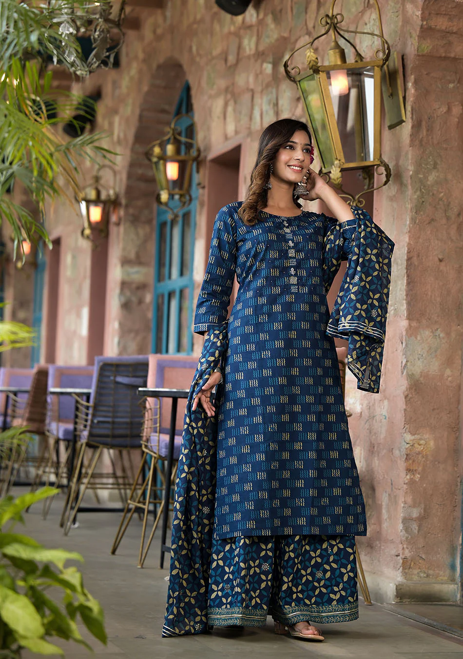 Indigo Kurta Set With Palazzo and Dupatta - Image 3
