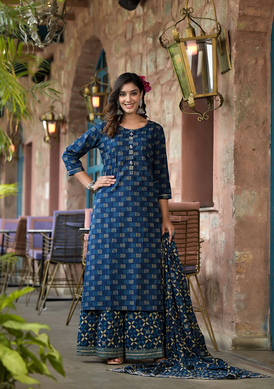 Indigo Kurta Set With Palazzo and Dupatta - Image 4