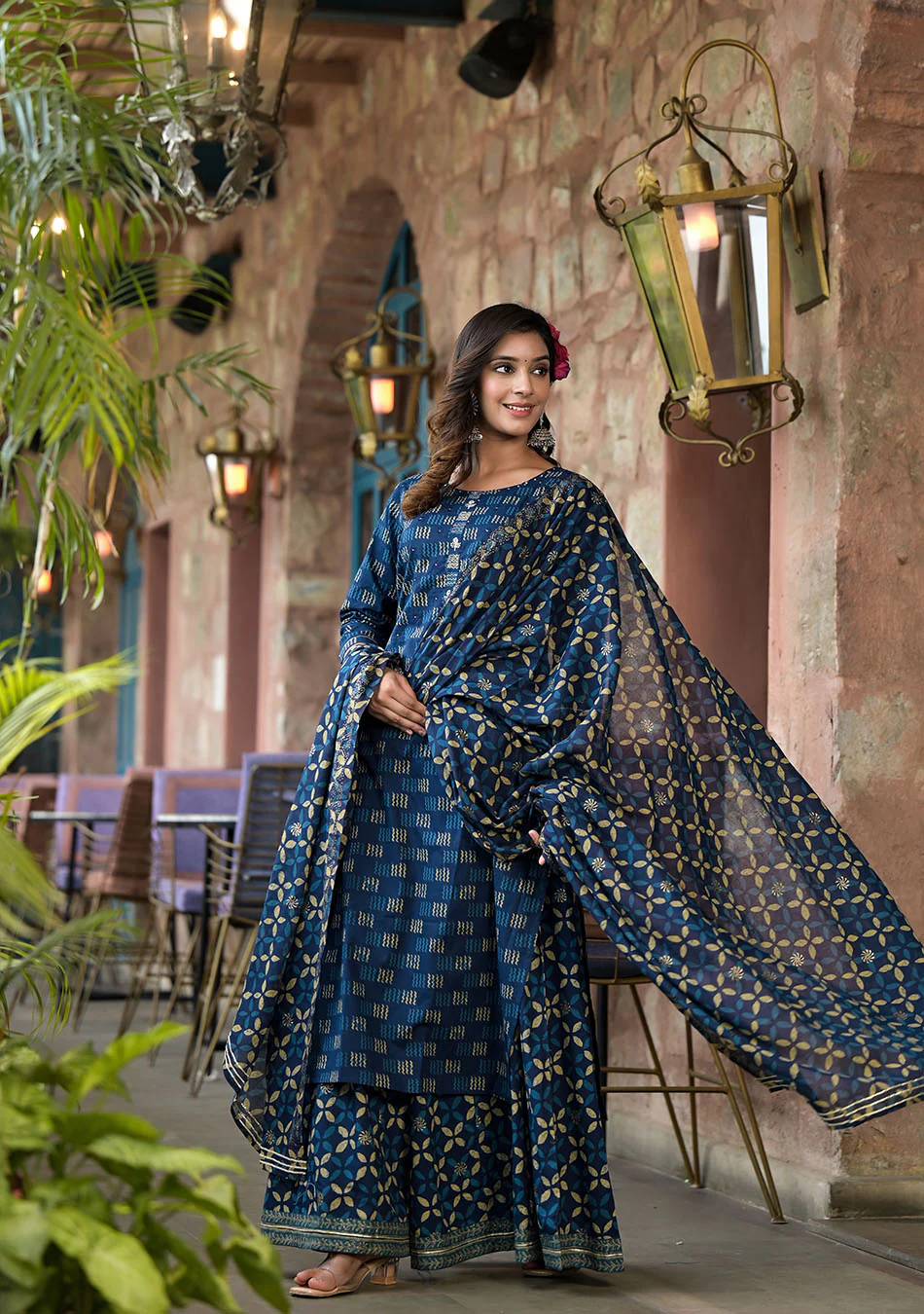 Indigo Kurta Set With Palazzo and Dupatta - Image 5