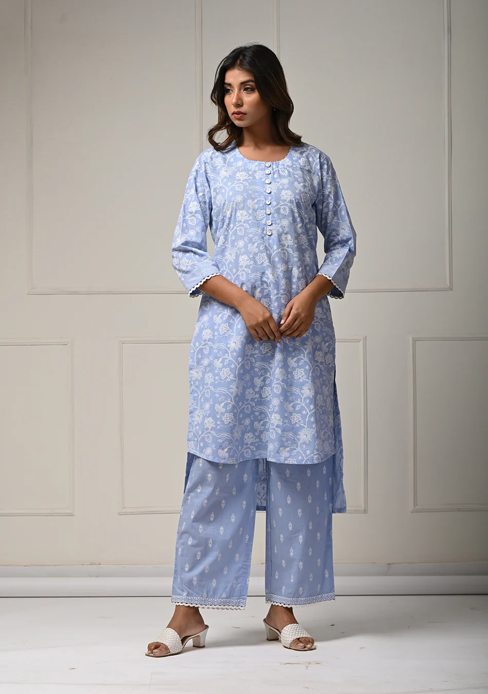 Khadi Print Sky Blue Co-ord Set in Lino Dobby - Image 3