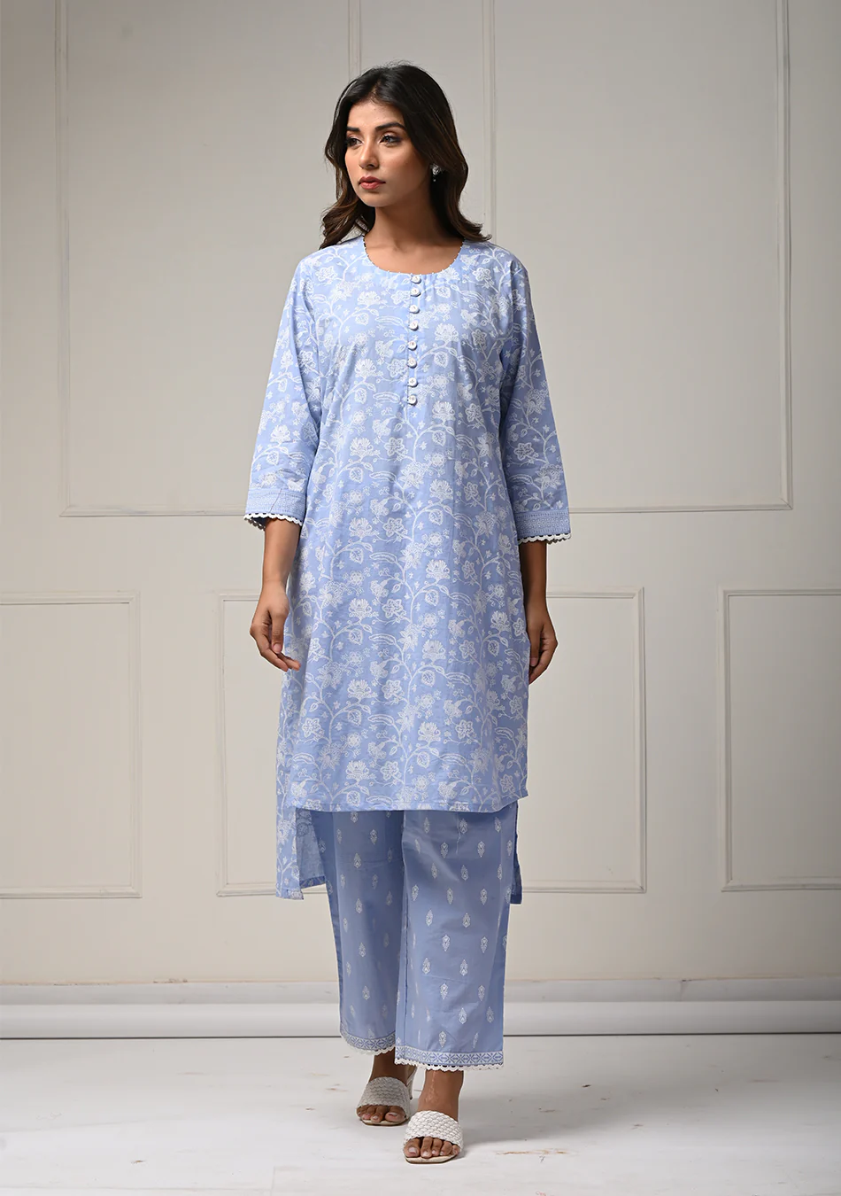 Khadi Print Sky Blue Co-ord Set in Lino Dobby - Image 4