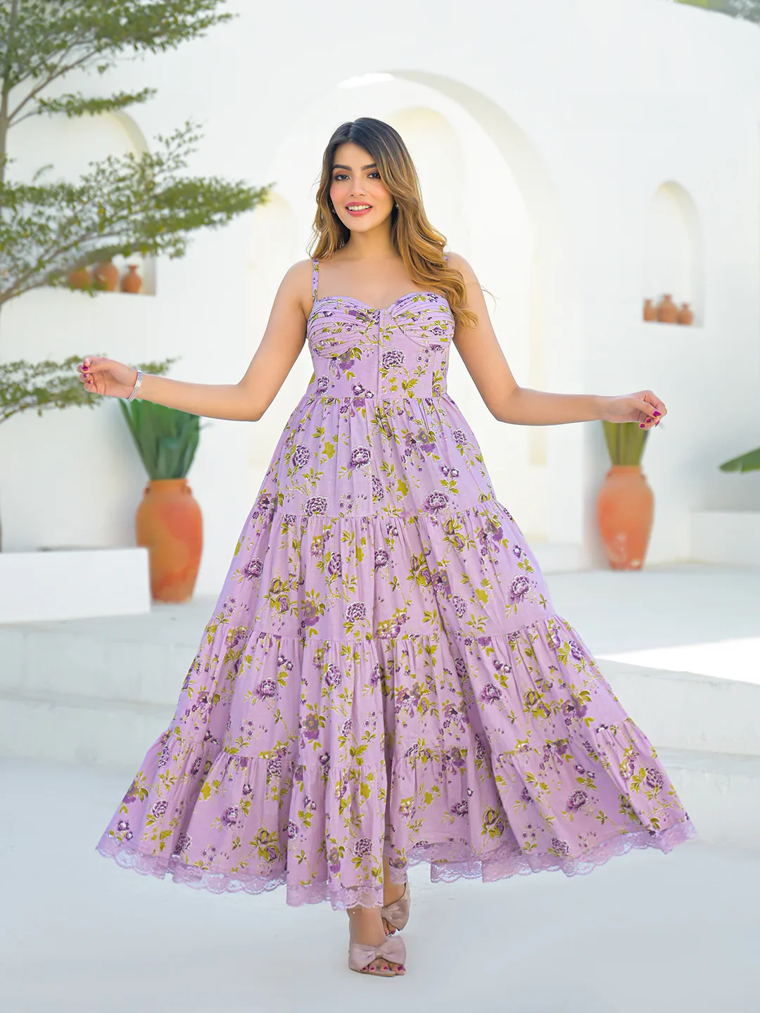 Light Purple Cotton Floral Print Sleeveless Long Dress