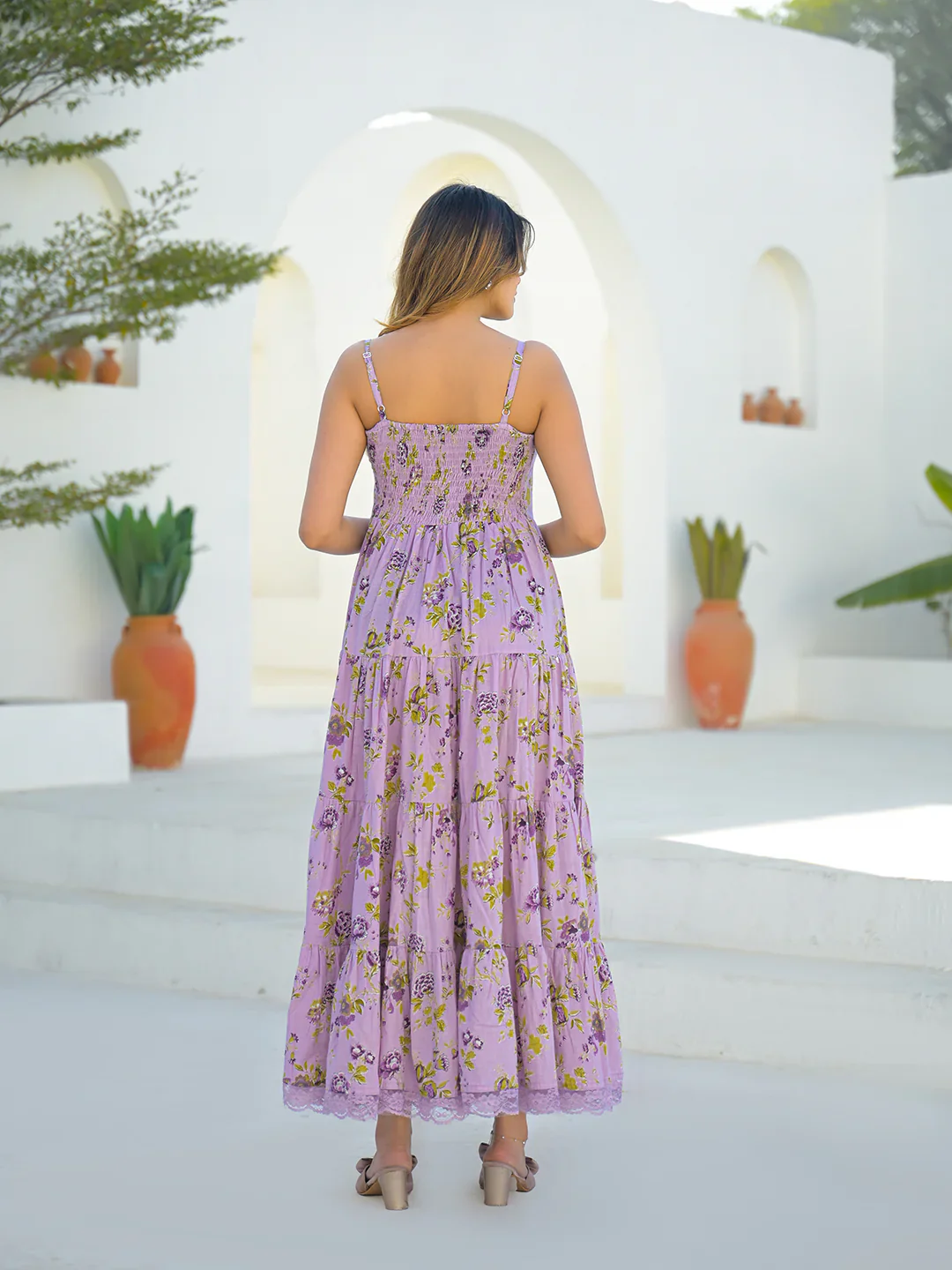 Light Purple Cotton Floral Print Sleeveless Long Dress - Image 2