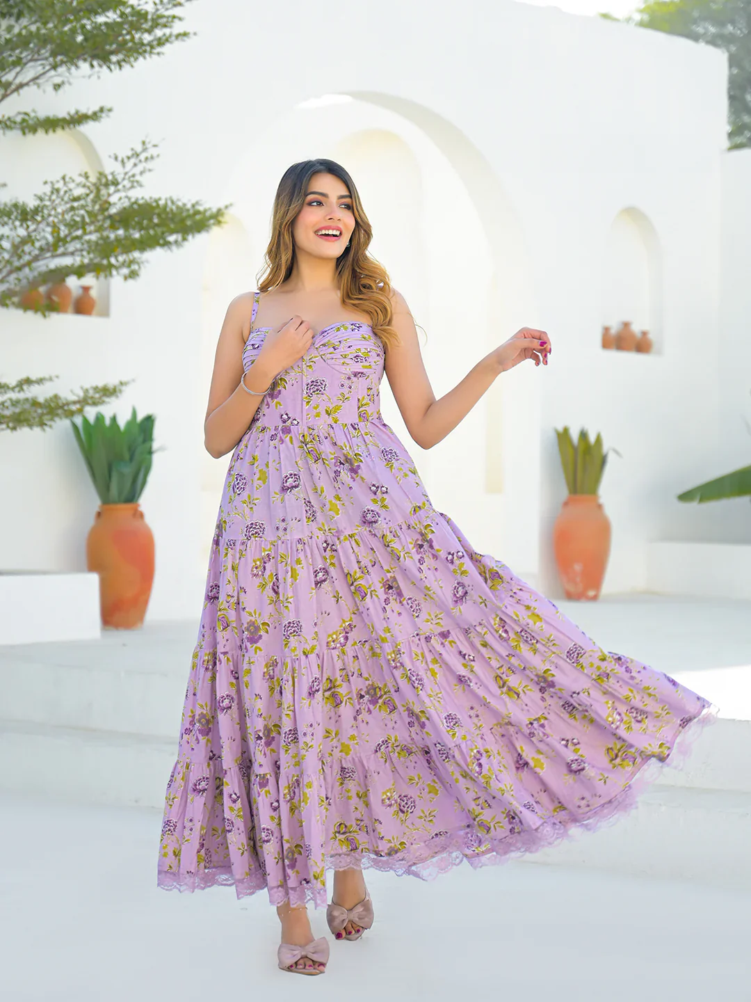 Light Purple Cotton Floral Print Sleeveless Long Dress - Image 3