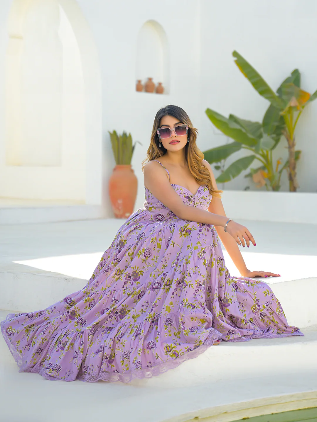 Light Purple Cotton Floral Print Sleeveless Long Dress - Image 5