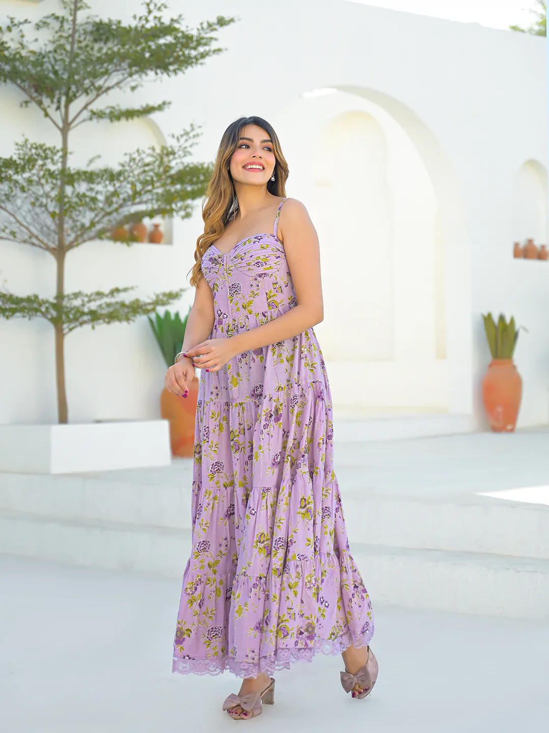 Light Purple Cotton Floral Print Sleeveless Long Dress - Image 6