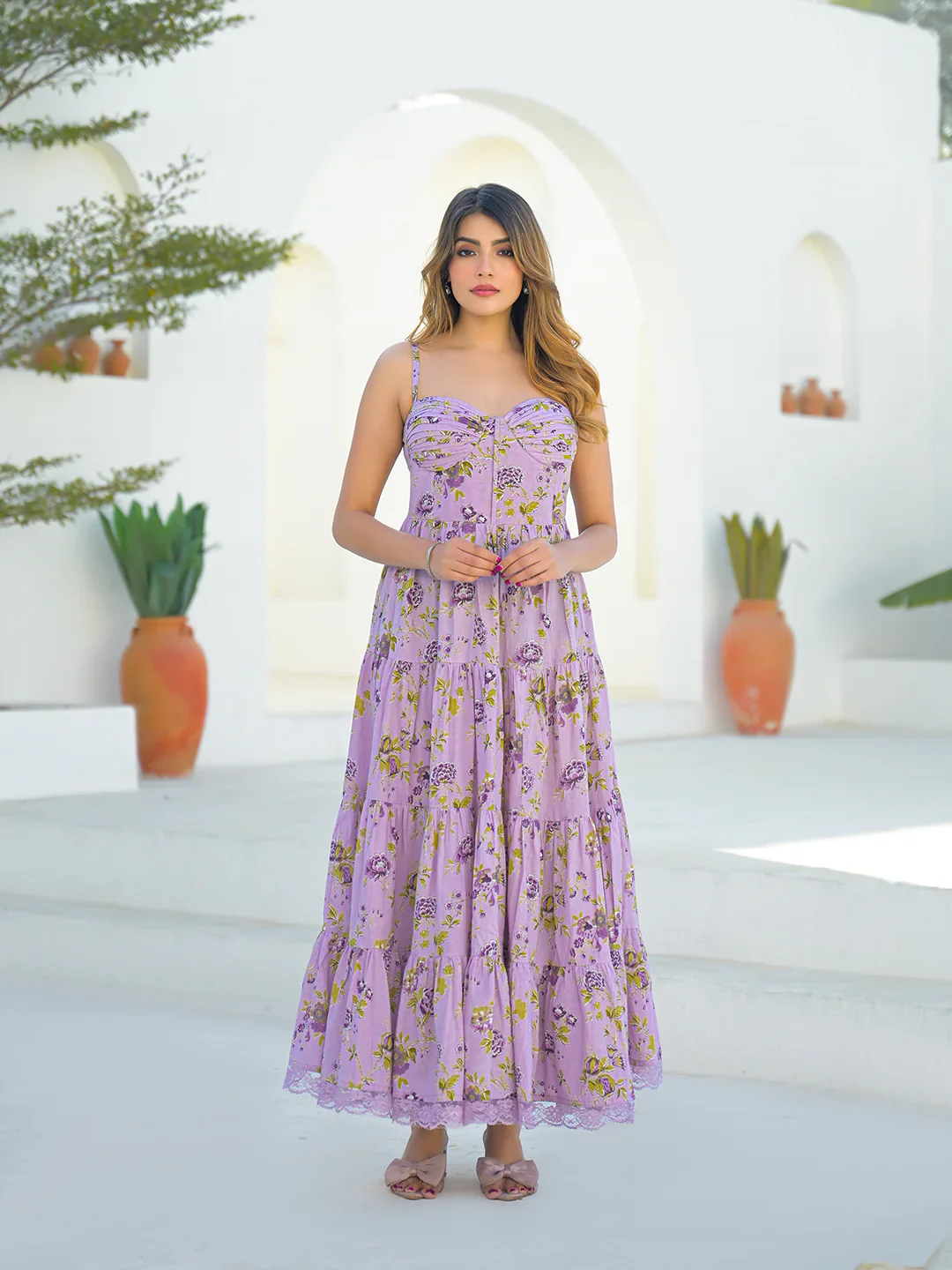 Light Purple Cotton Floral Print Sleeveless Long Dress - Image 7