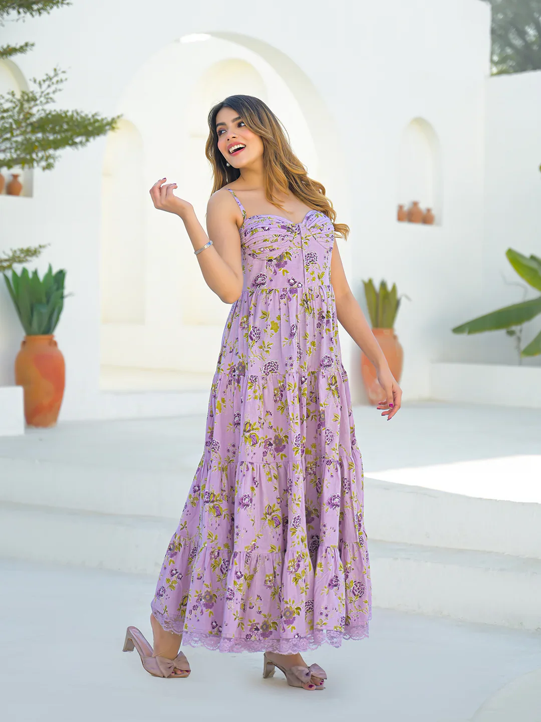 Light Purple Cotton Floral Print Sleeveless Long Dress - Image 8