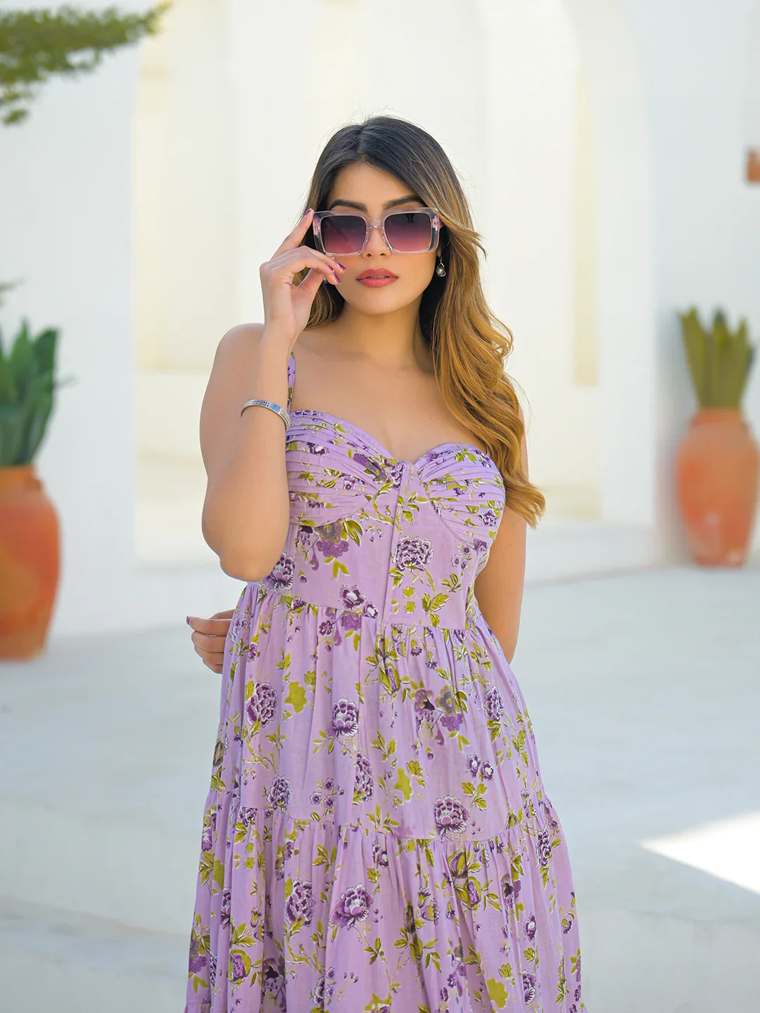 Light Purple Cotton Floral Print Sleeveless Long Dress - Image 9
