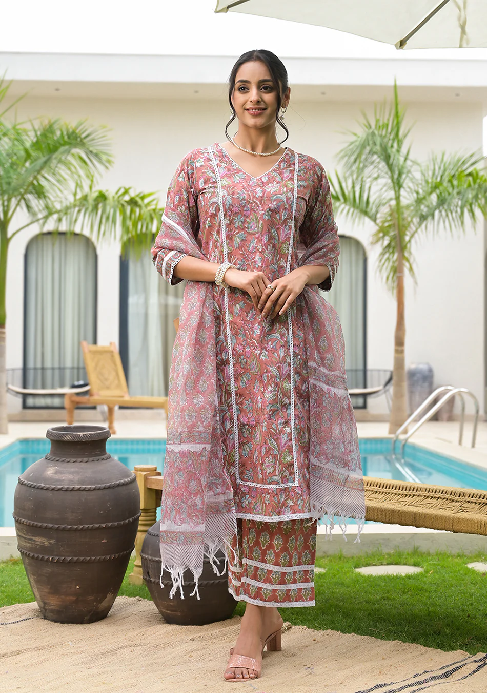 Maroon Floral Print Cotton Handblock Kurta Set for Women