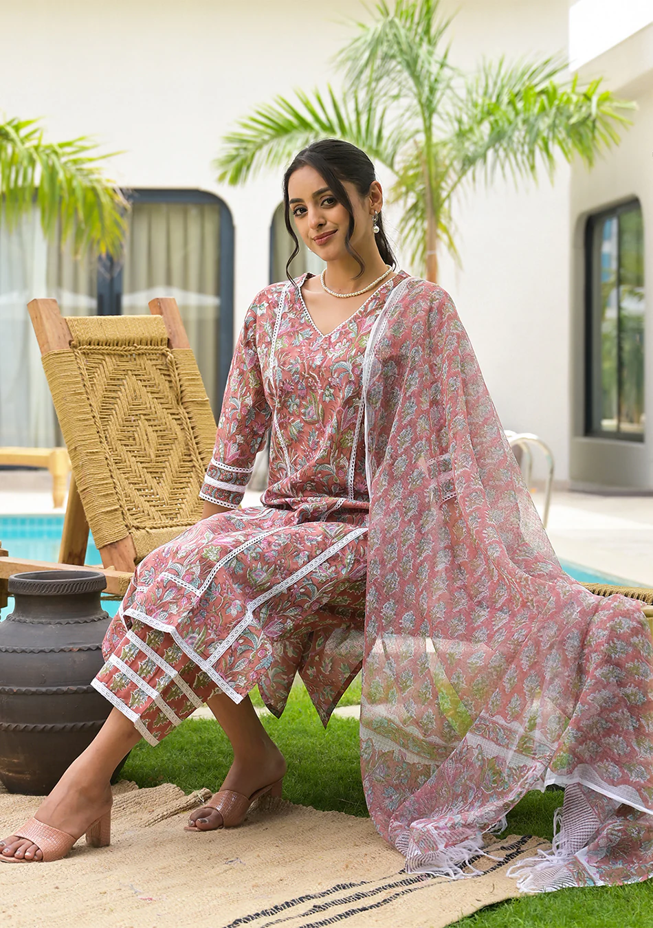 Maroon Floral Print Cotton Handblock Kurta Set for Women - Image 3