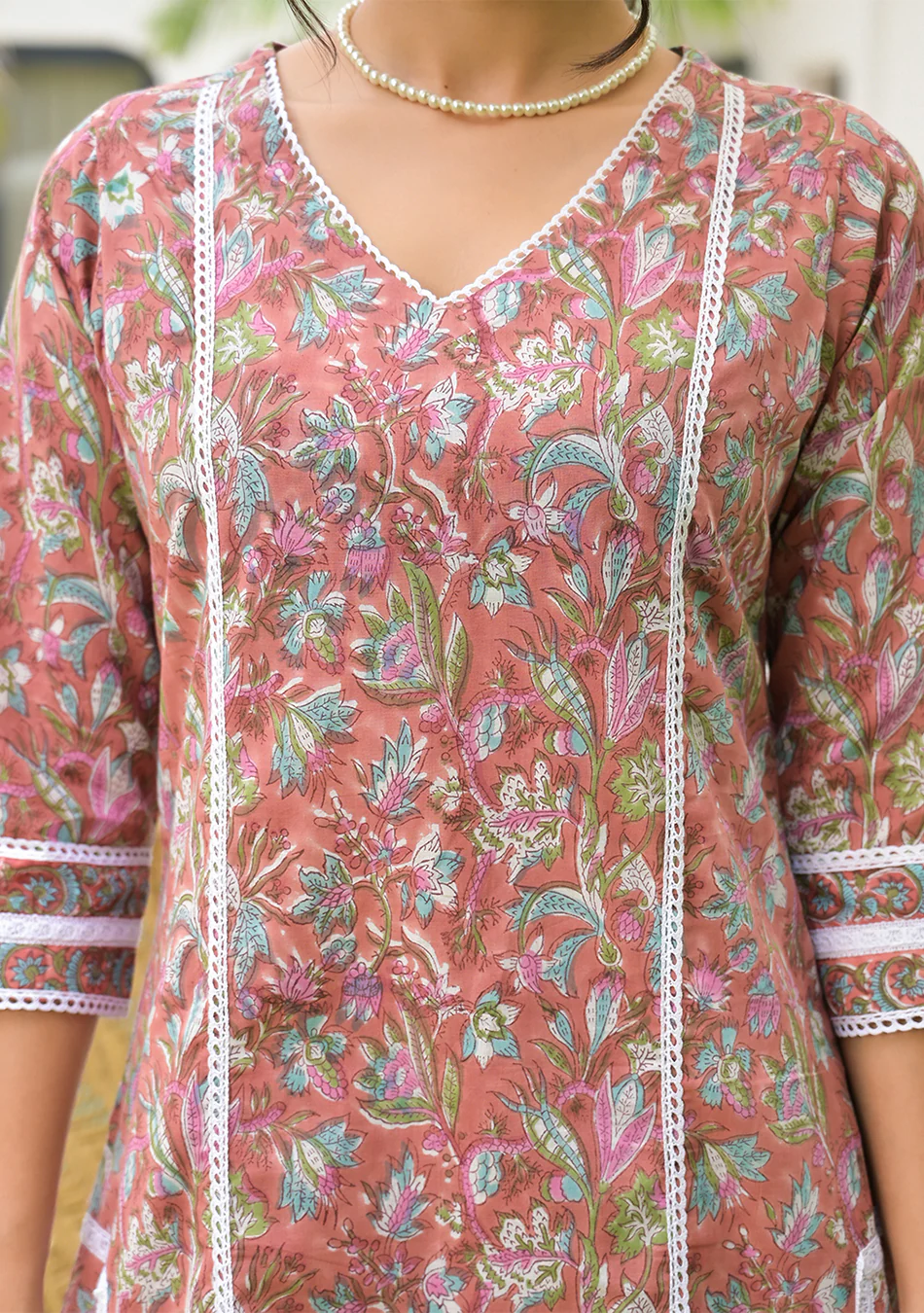 Maroon Floral Print Cotton Handblock Kurta Set for Women - Image 5