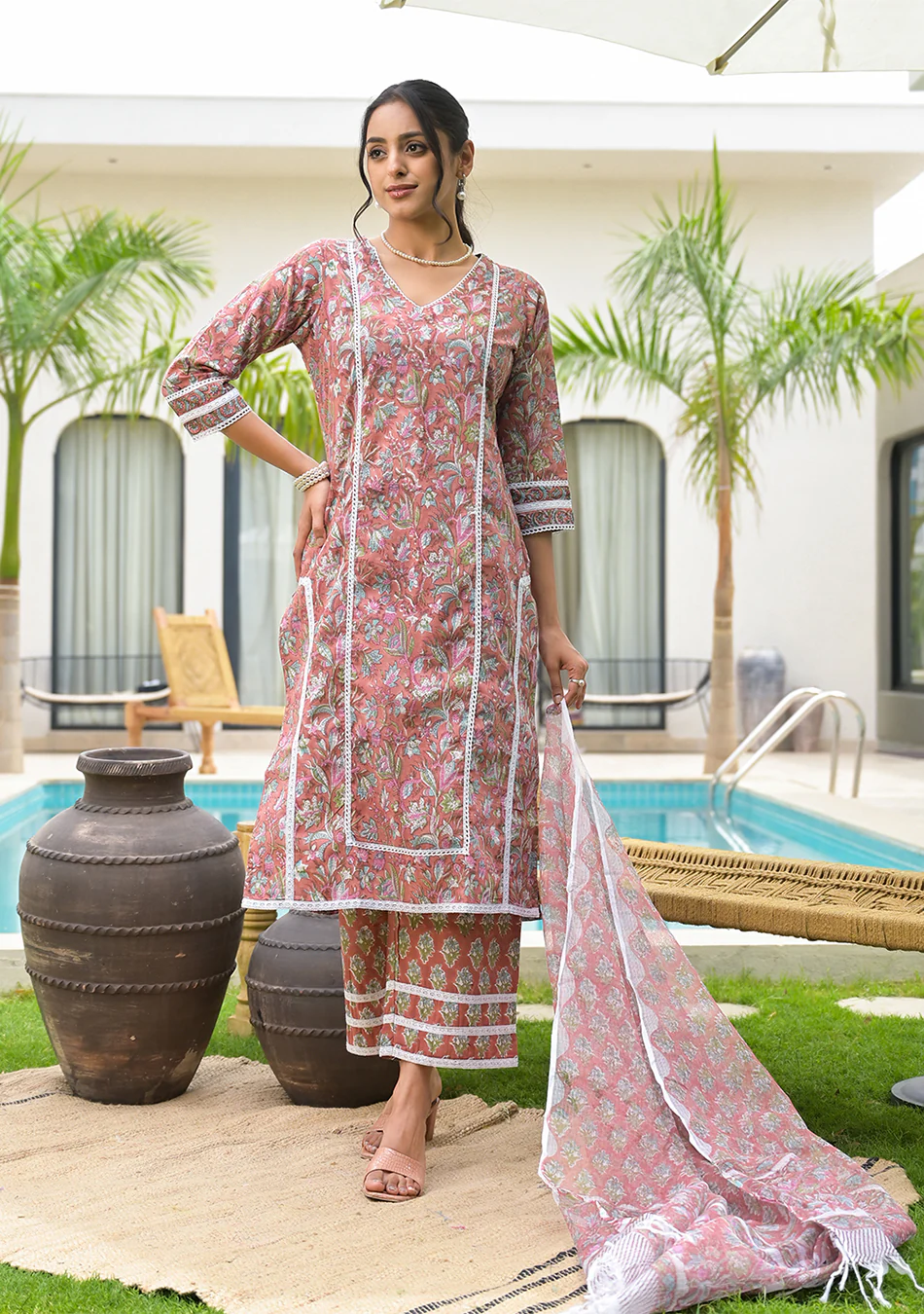 Maroon Floral Print Cotton Handblock Kurta Set for Women - Image 7