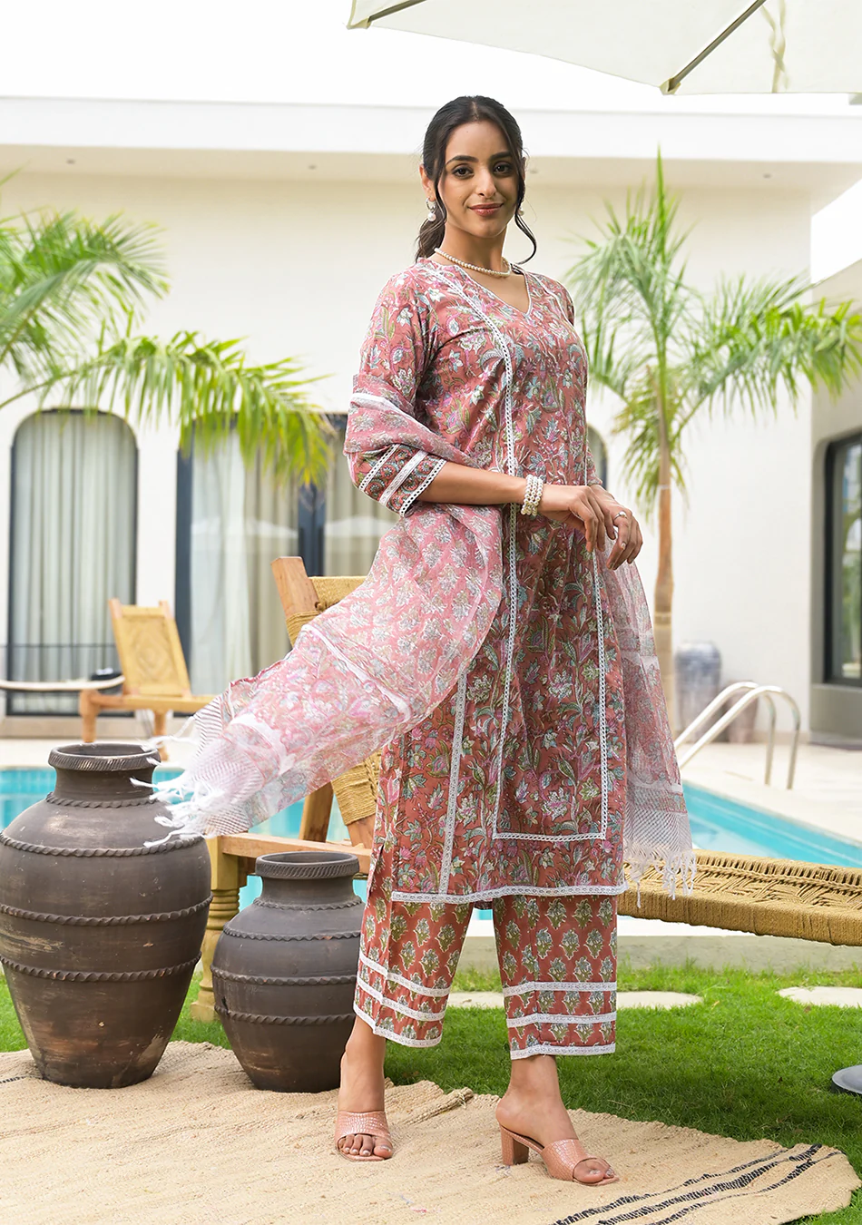 Maroon Floral Print Cotton Handblock Kurta Set for Women - Image 8