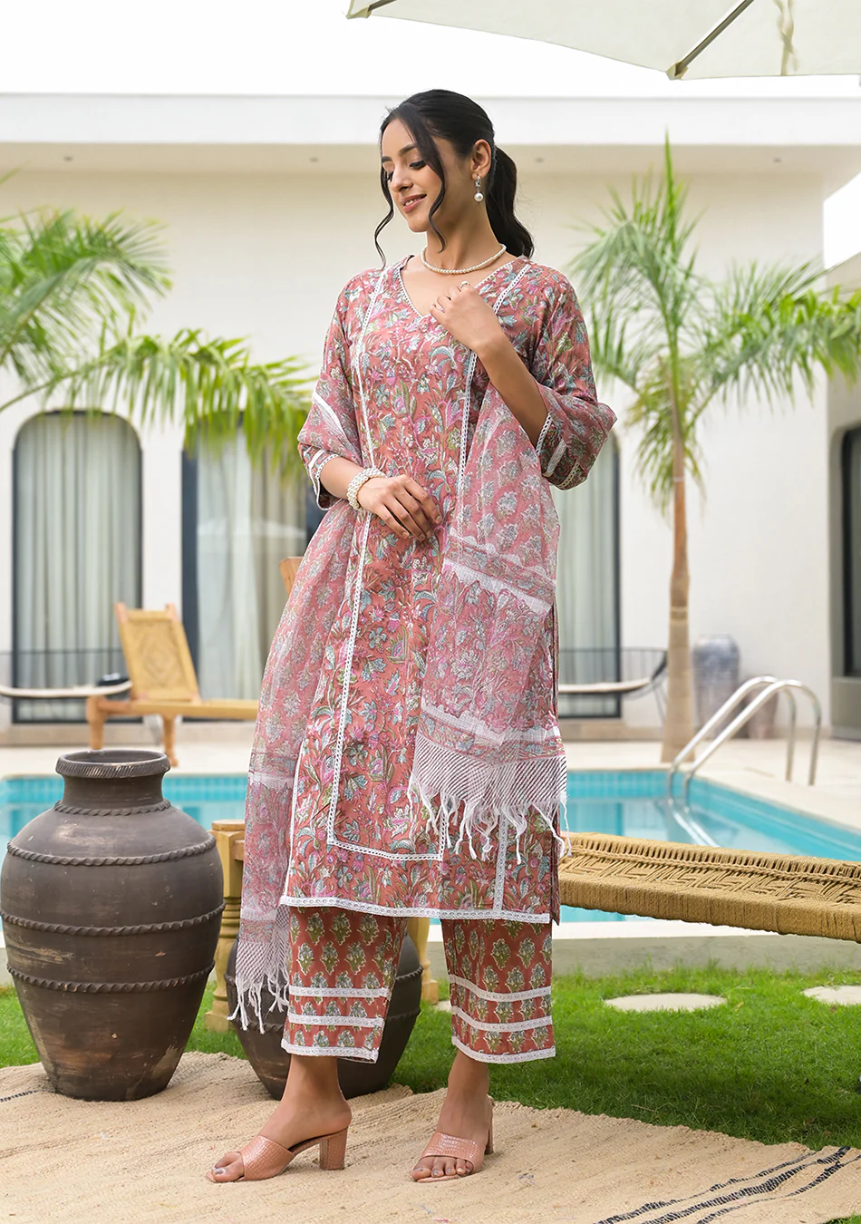 Maroon Floral Print Cotton Handblock Kurta Set for Women - Image 9