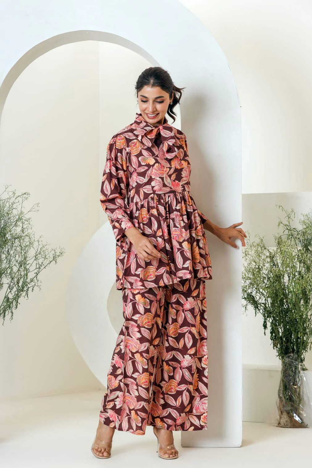 Maroon Floral Print Muslin Peplum Top With Bell-Bottom - Image 10