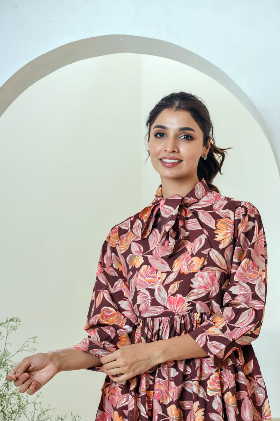 Maroon Floral Print Muslin Peplum Top With Bell-Bottom - Image 11