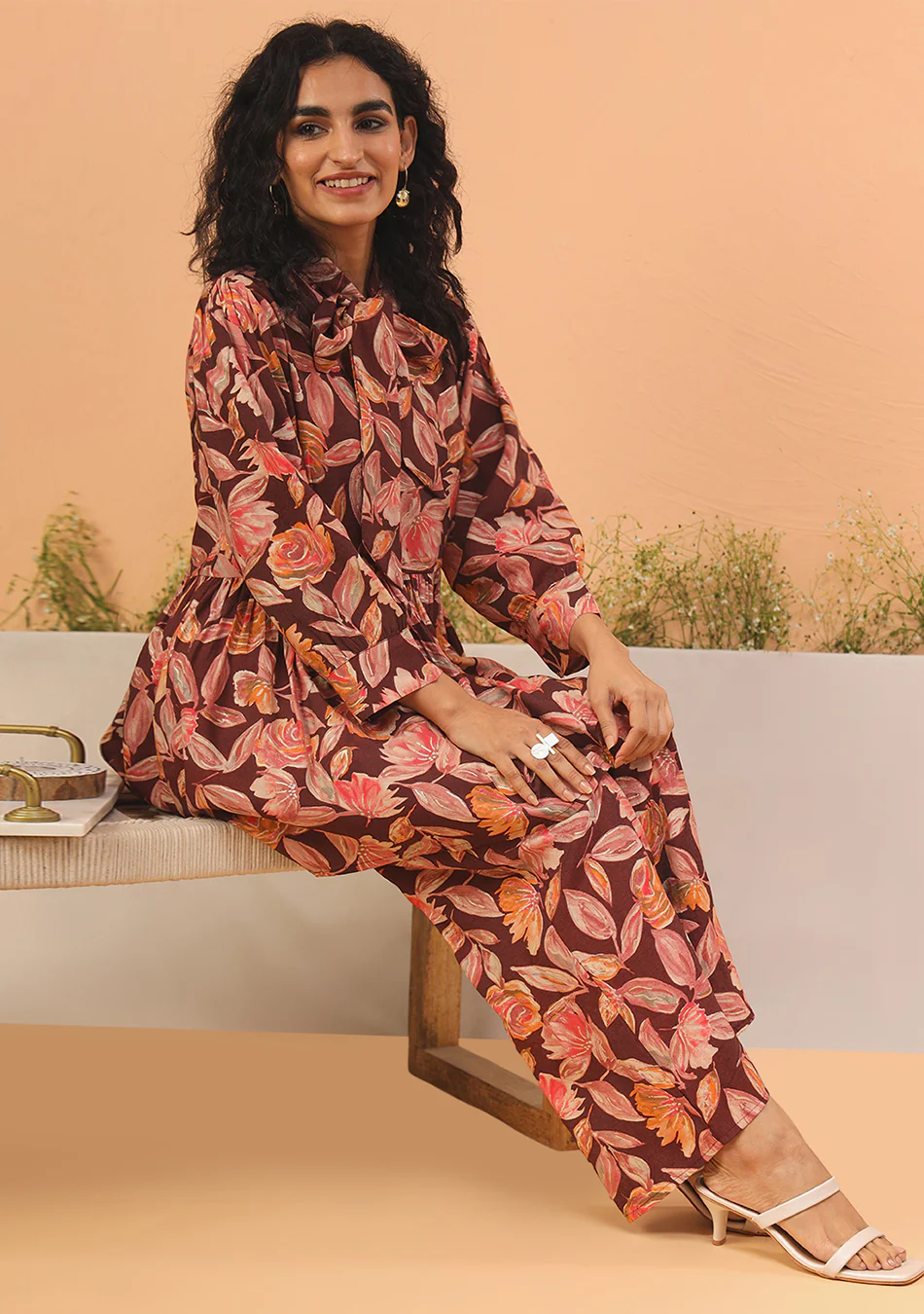 Maroon Floral Print Muslin Peplum Top With Bell-Bottom - Image 2