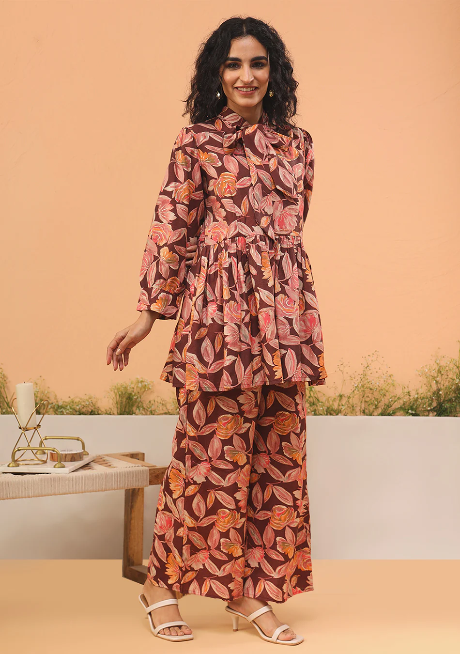 Maroon Floral Print Muslin Peplum Top With Bell-Bottom - Image 3