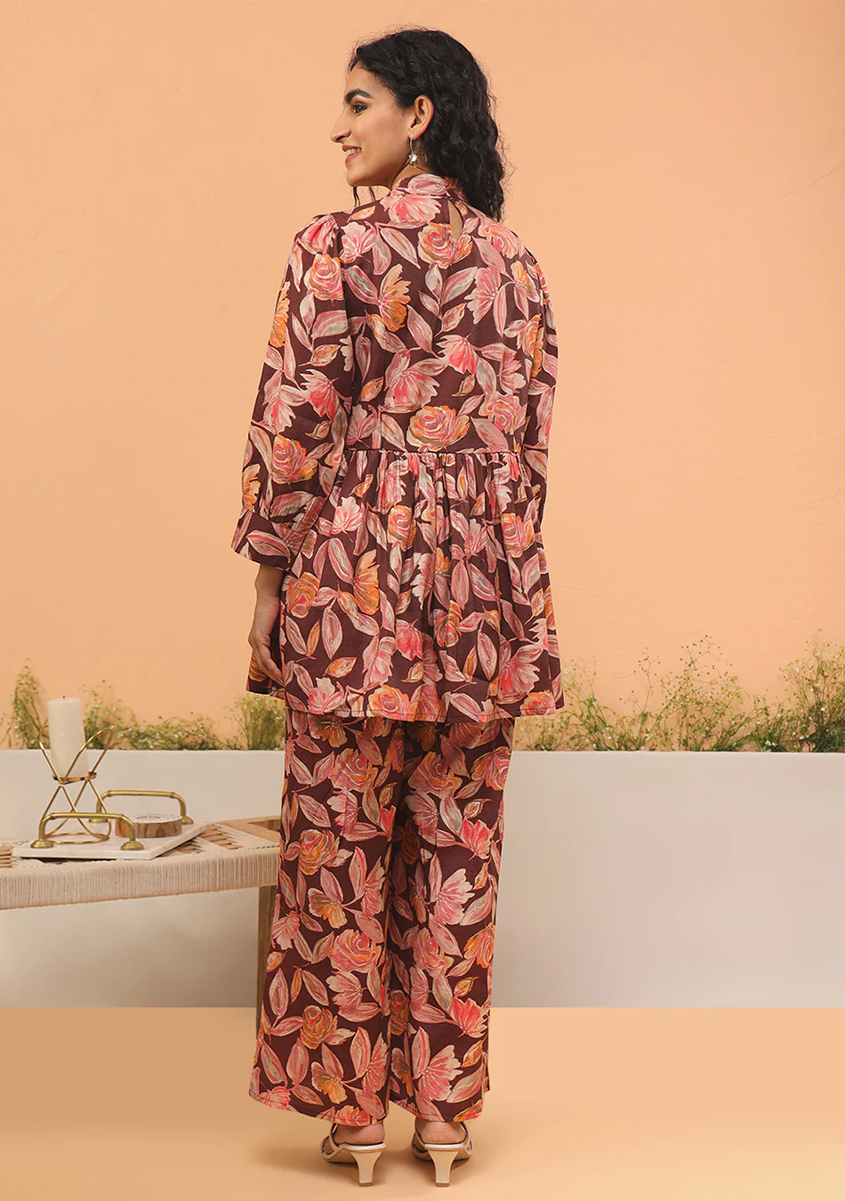 Maroon Floral Print Muslin Peplum Top With Bell-Bottom - Image 5