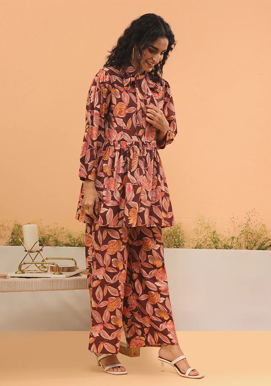 Maroon Floral Print Muslin Peplum Top With Bell-Bottom - Image 6