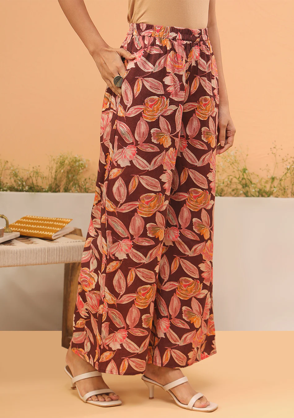 Maroon Floral Print Muslin Peplum Top With Bell-Bottom - Image 8